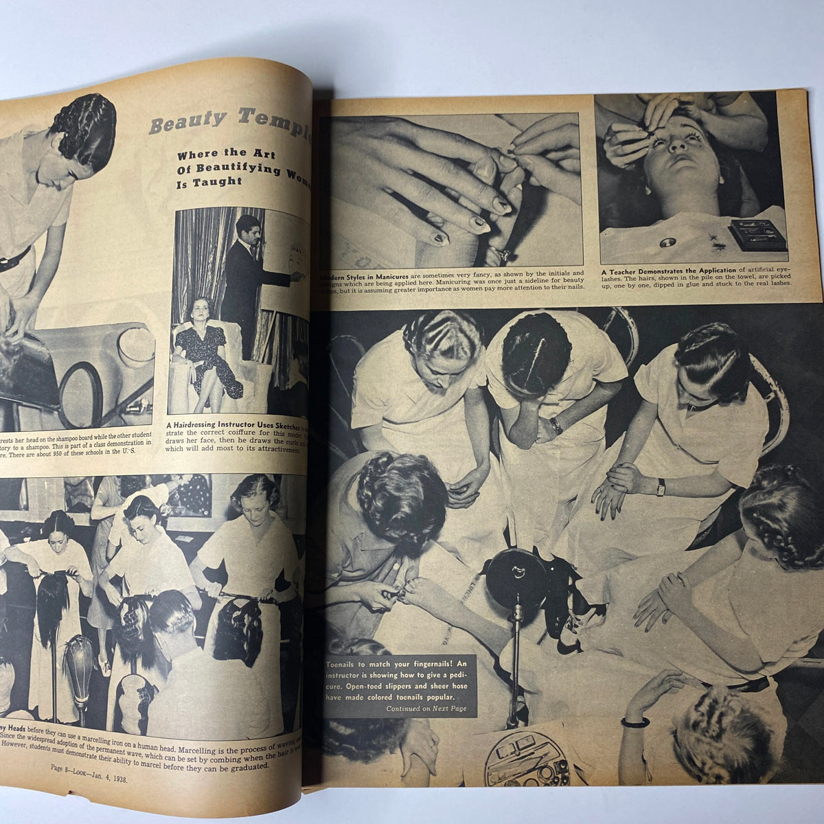 Interior pages of Look Magazine January 4, 1938, showcasing beauty techniques with students practicing beauty arts in a classroom setting.