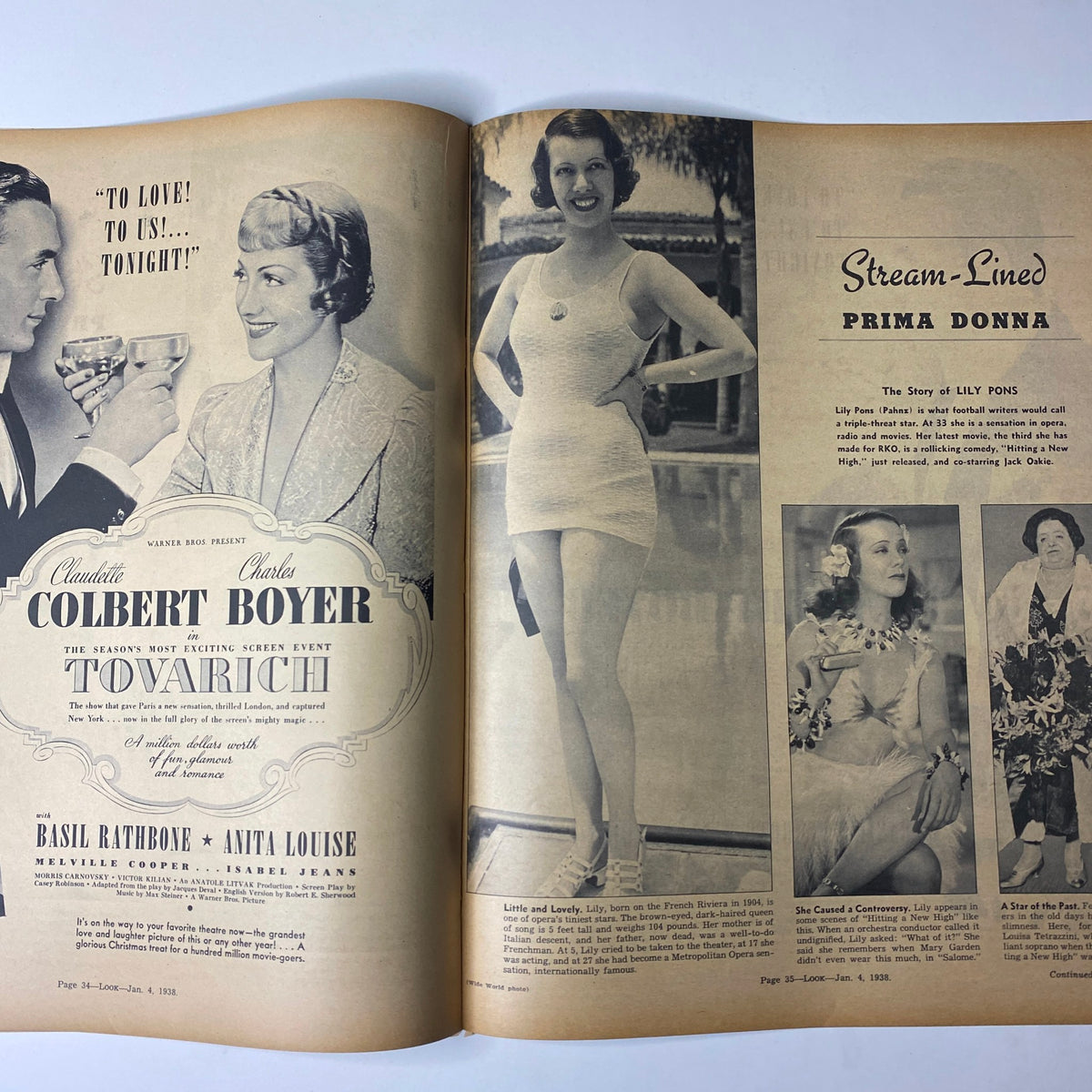 Interior pages of Look Magazine January 4, 1938, featuring a advertisement for 'Towarich' starring Colbert and Boyer alongside a feature on Lily Pons, emphasizing fashion and glamour.