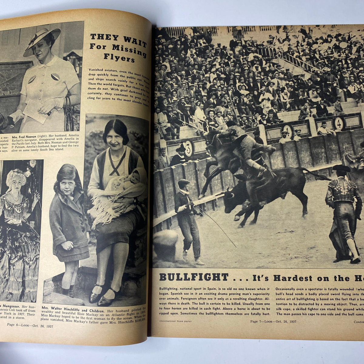 Inside spread of Look Magazine, October 26, 1937, showcasing a feature on bullfighting in Spain with dramatic black and white photographs capturing the spectacle, alongside illustrations of waiting children and fashion.