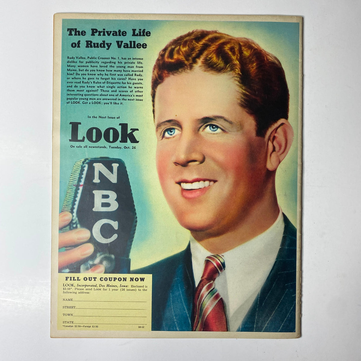 Cover of Look Magazine, October 26, 1937 featuring Rudy Vallee, a popular entertainer of the time, holding an NBC microphone and capturing the essence of entertainment journalism in that era.