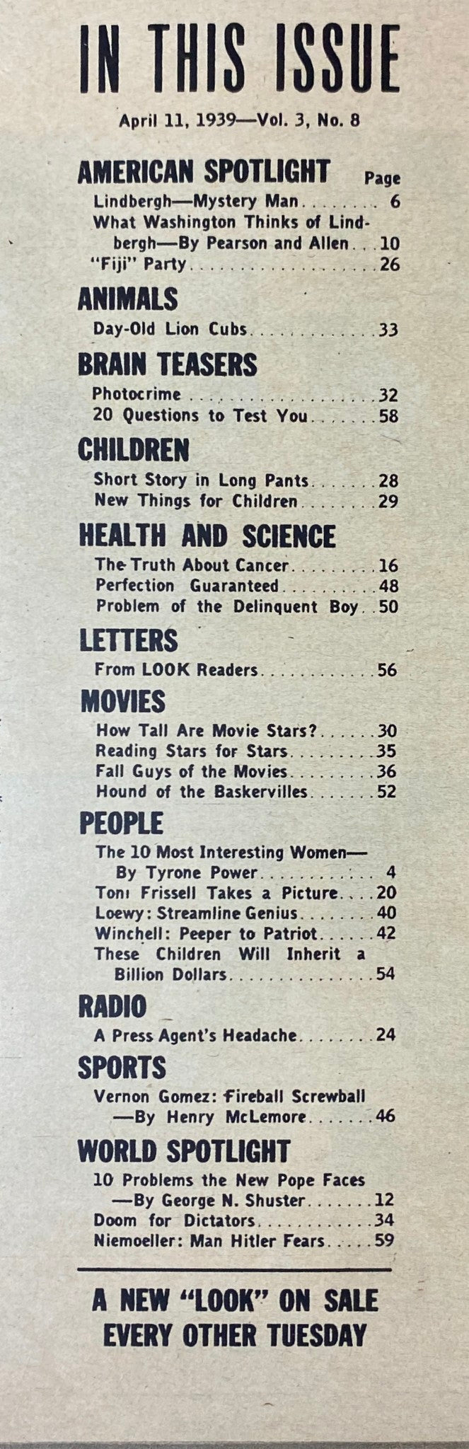 Contents page of Look Magazine from April 11, 1939, detailing features including 'Lindbergh - Mystery Man' and other articles.