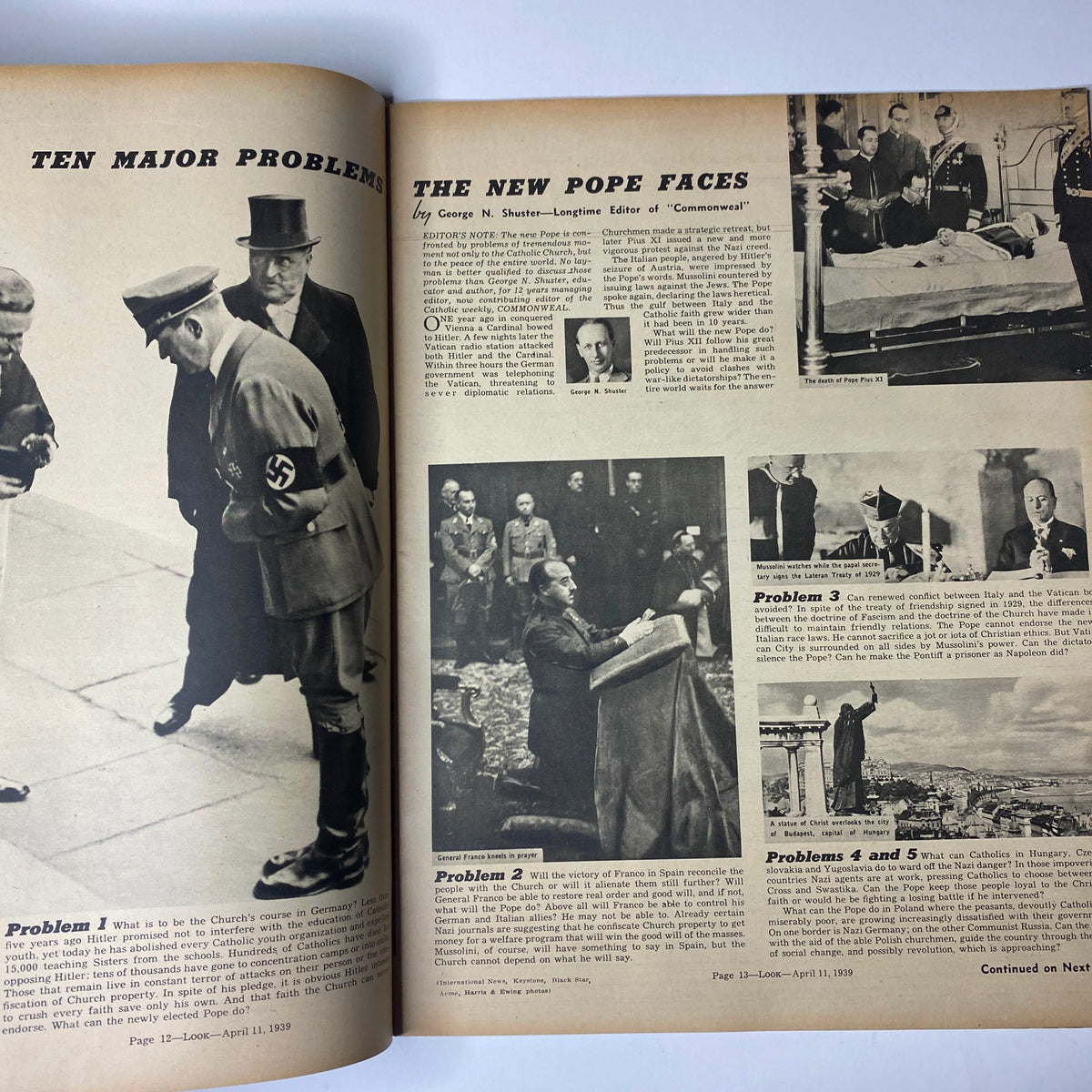 Interior pages of Look Magazine from April 11, 1939, showcasing an article on world affairs, including challenges faced by the new pope and European tensions.