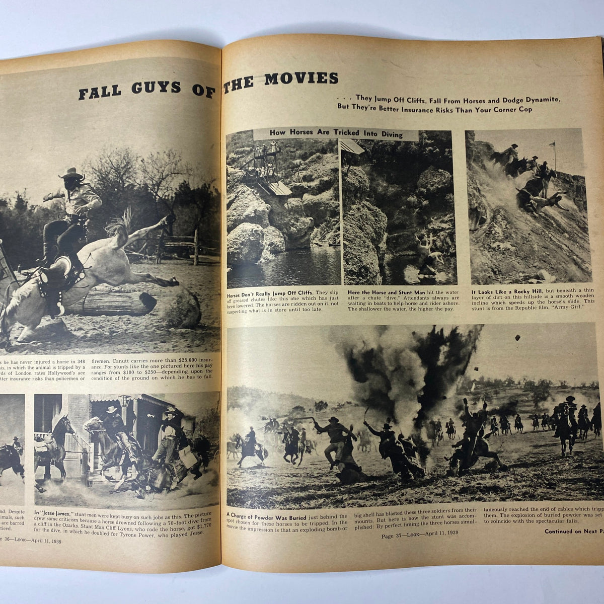 Fall Guys of the Movies feature from Look Magazine April 11, 1939, showcasing a series of images depicting stunt scenes, including cowboys, horses, and action sequences in film.