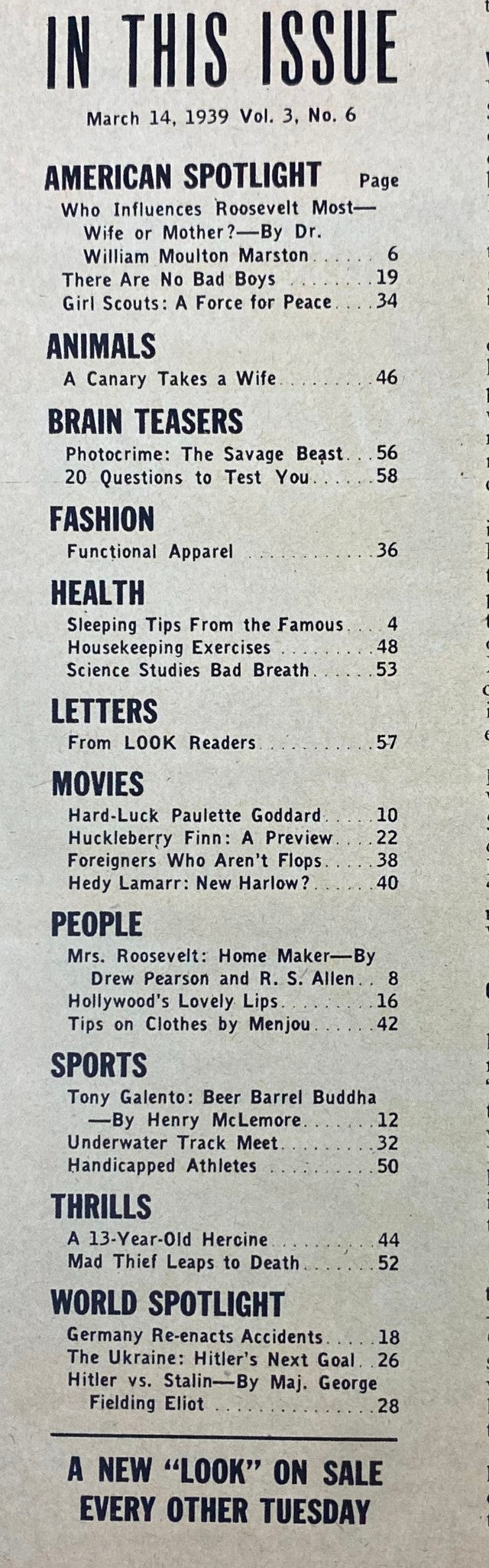 Index page of Look Magazine, March 14, 1939, listing features and articles including 'Who Influences Roosevelt Most—Wife or Mother?' and 'Animals.' Title: Look Magazine March 14, 1939 Paulette Goddard Cover No Label VG.
