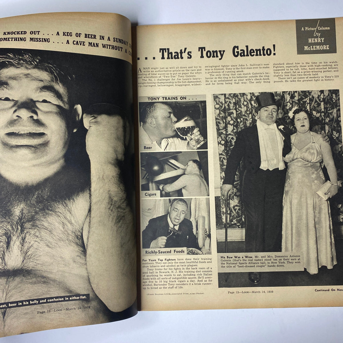 Feature on Tony Galento in Look Magazine, March 14, 1939, with images and text discussing his lifestyle and personality traits. Title: Look Magazine March 14, 1939 Paulette Goddard Cover No Label VG.