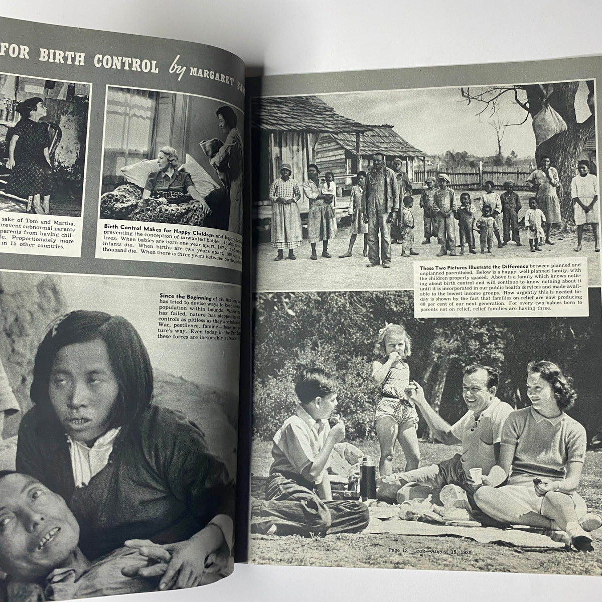 Feature article spread from Look Magazine August 15, 1939 titled 'Why Birth Control?' by Margaret Sanger, illustrating historical perspectives on birth control with impactful photographs.