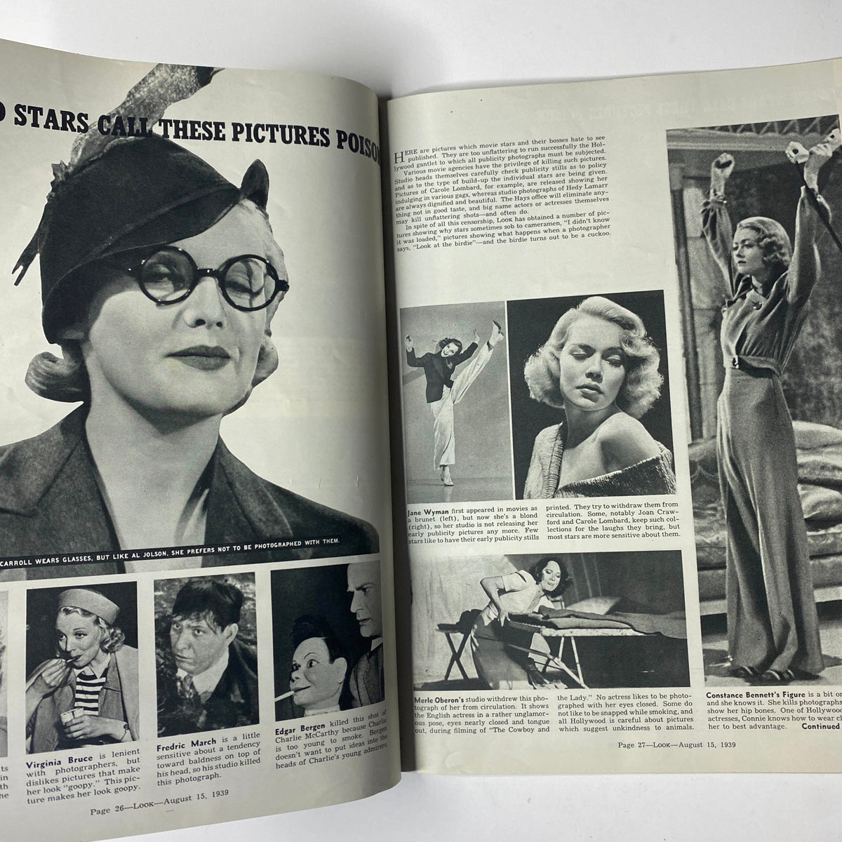 Look Magazine August 15, 1939 featuring a spread showcasing glamorous Hollywood stars with images of Virginia Bruce, Fredric March, Edgar Bergen, and others, highlighting their fashion and performances.