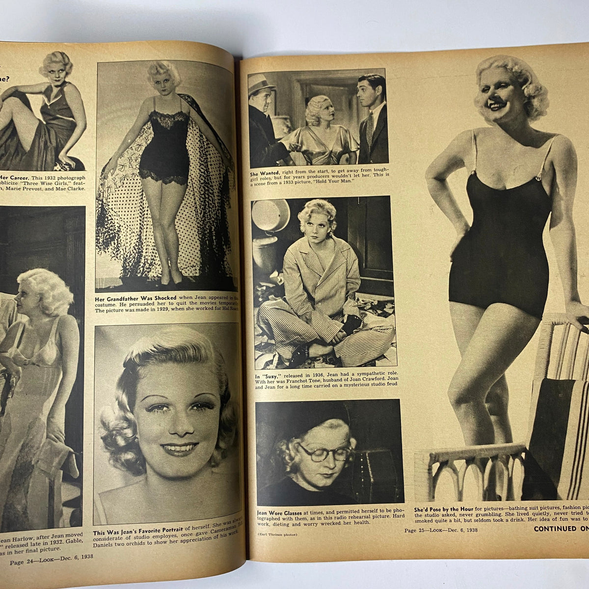 Fashion spread from Look Magazine December 6, 1938 showcasing vintage swimwear styles and iconic beauty trends of the era.