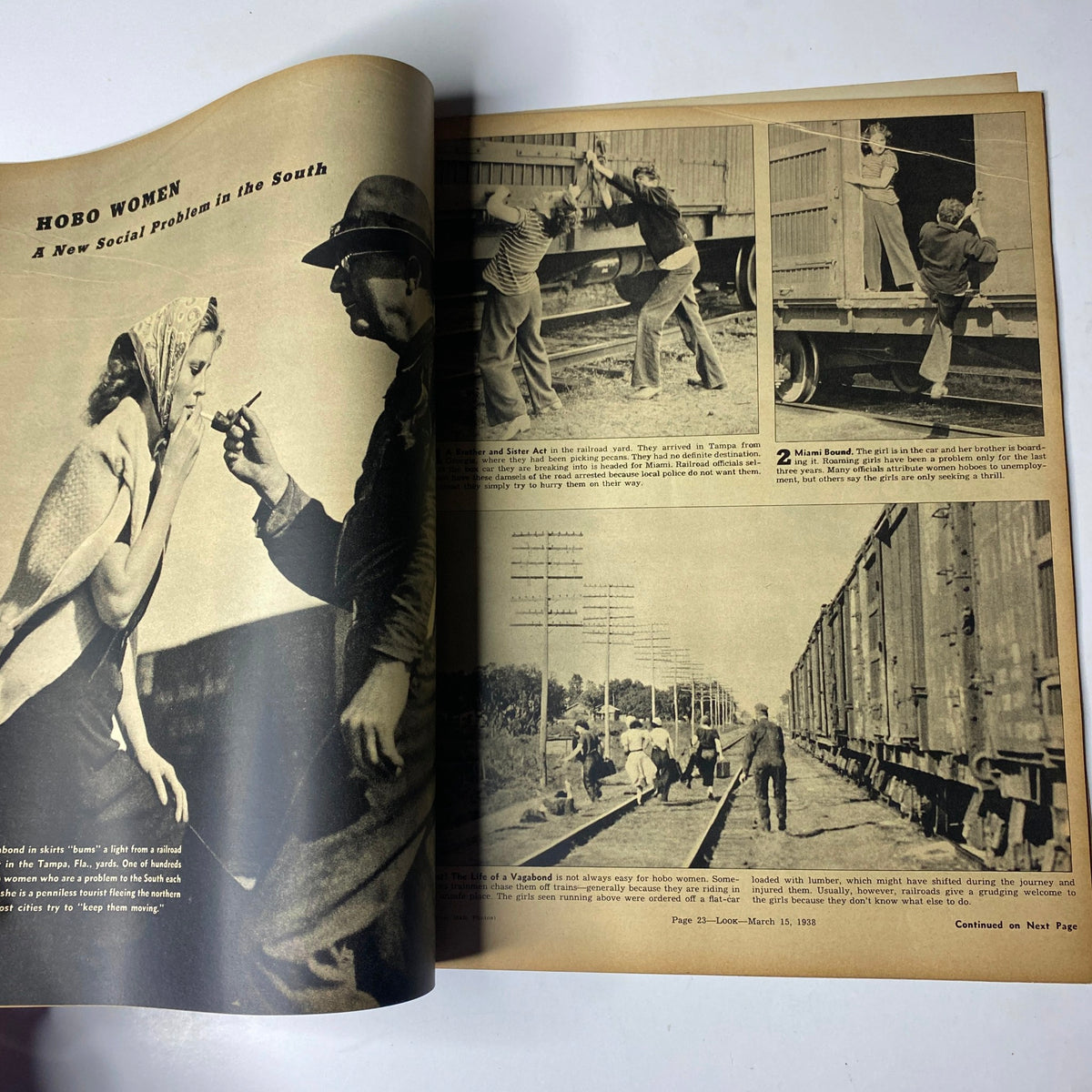 Interior page of Look Magazine, March 15, 1938, featuring an article titled 'Hobo Women', illustrating social issues of the South with historical imagery.