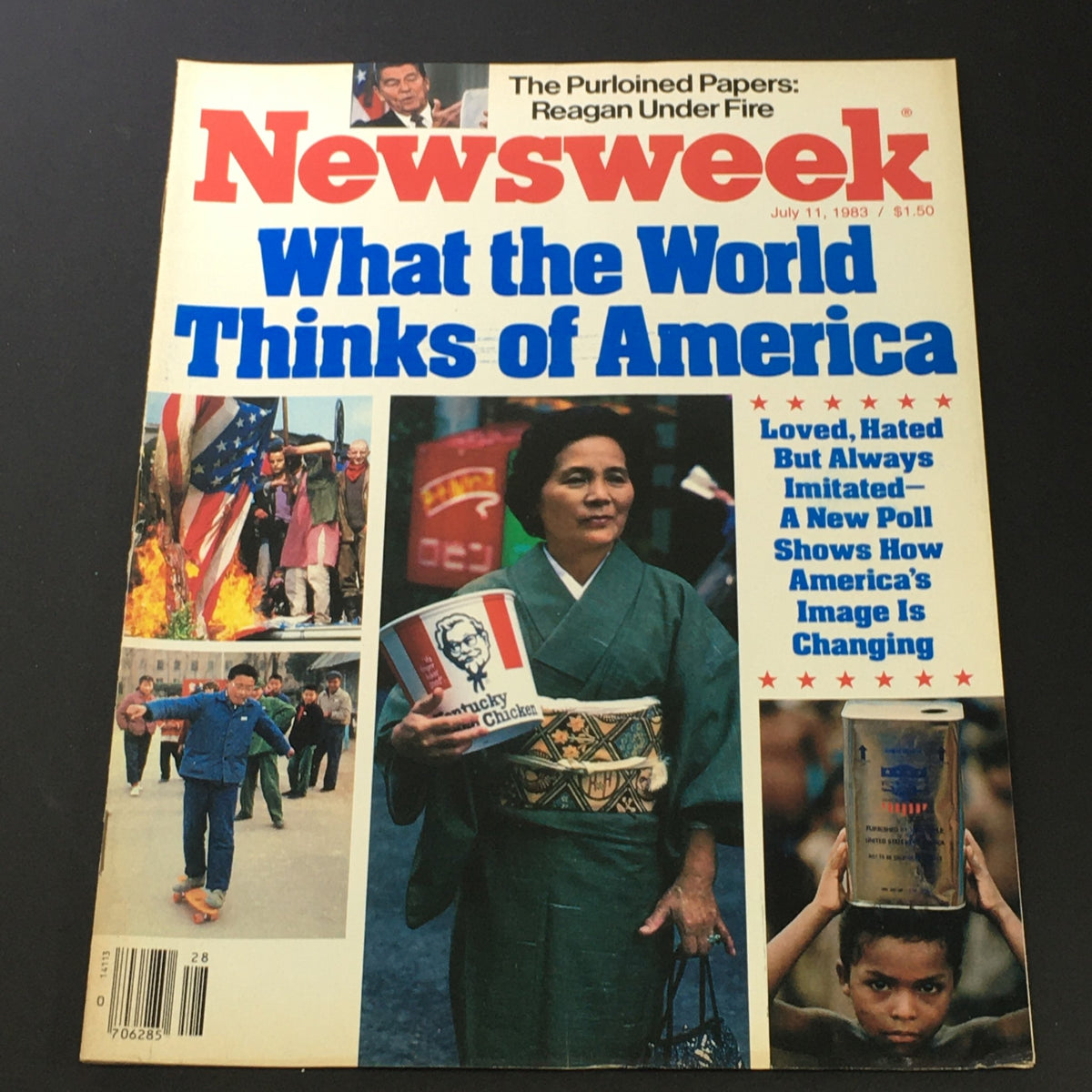 Cover of VTG Newsweek Magazine from July 11, 1983, featuring the title 'What The World Thinks of America' with compelling images depicting various global perspectives on America.