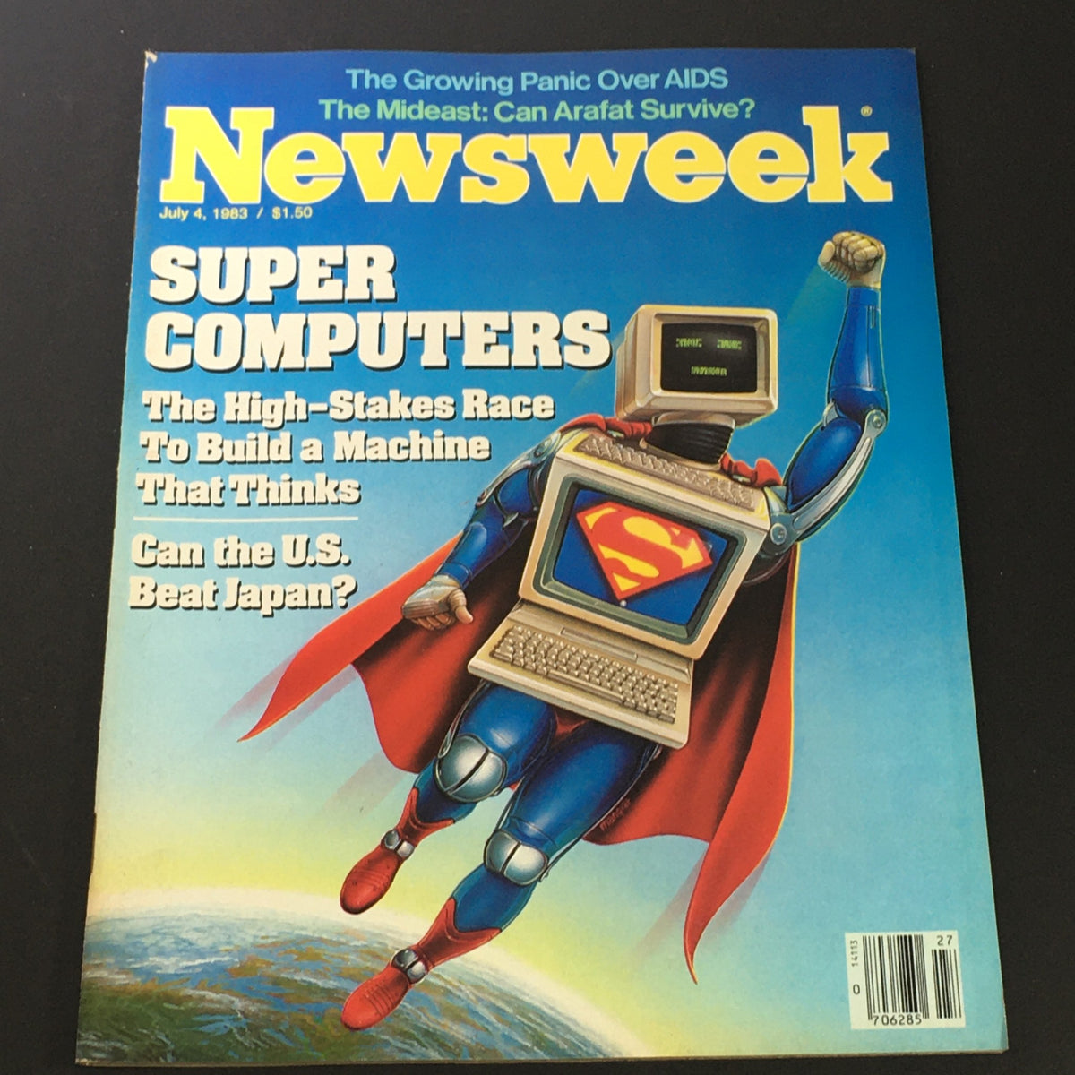 Cover of VTG Newsweek Magazine July 4 1983 featuring Super Computers and the high-stakes race to build thinking machines, showcasing a superhero-like character with a computer head and a cape.