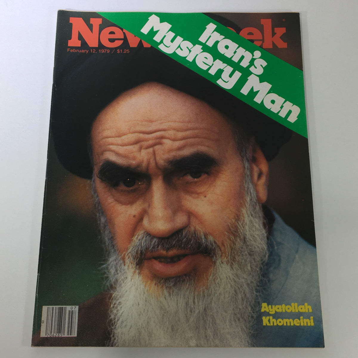 Cover of VTG Newsweek Magazine from February 12, 1979, featuring Ayatollah Khomeini with the headline 'Iran's Mystery Man'. The magazine encapsulates a pivotal moment in history during the Iranian Revolution.