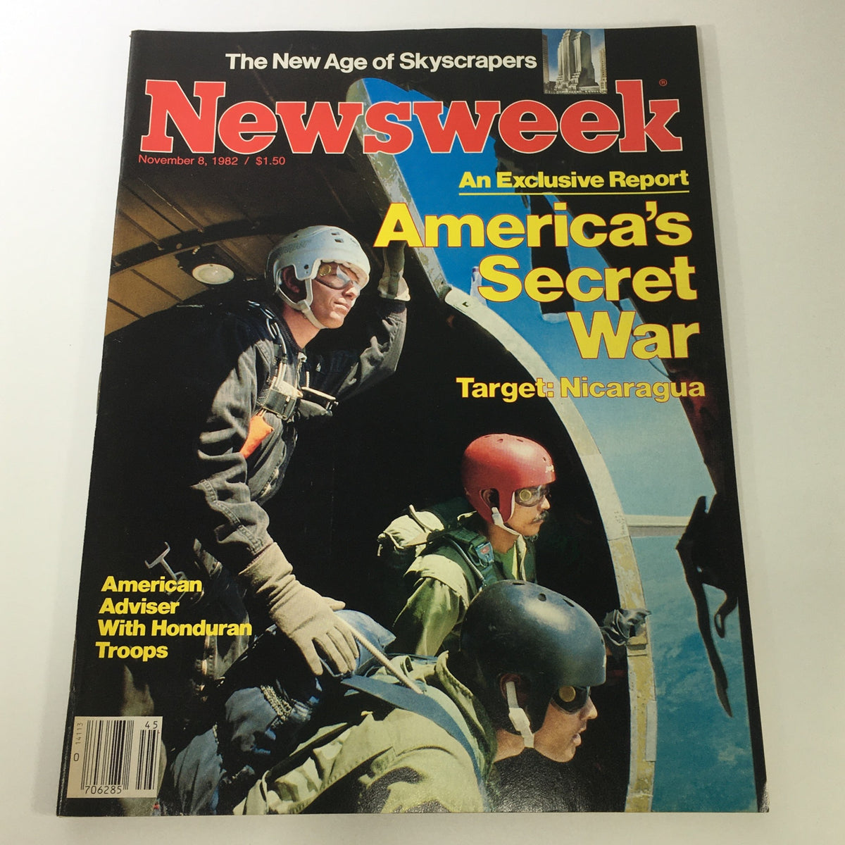 Cover of VTG Newsweek Magazine from November 8, 1982, featuring the title 'American Adviser with Honduran Troops' and an image of military personnel, highlighting America's Secret War with a focus on Nicaragua.