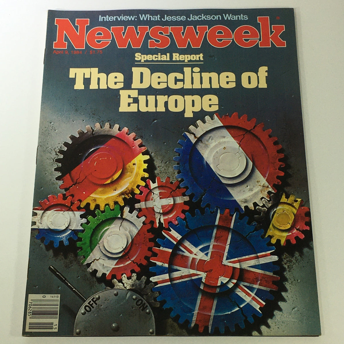 Cover of VTG Newsweek Magazine April 9 1984 - The Decline of Europe featuring colorful gears representing European countries, with the headline on a dark background.