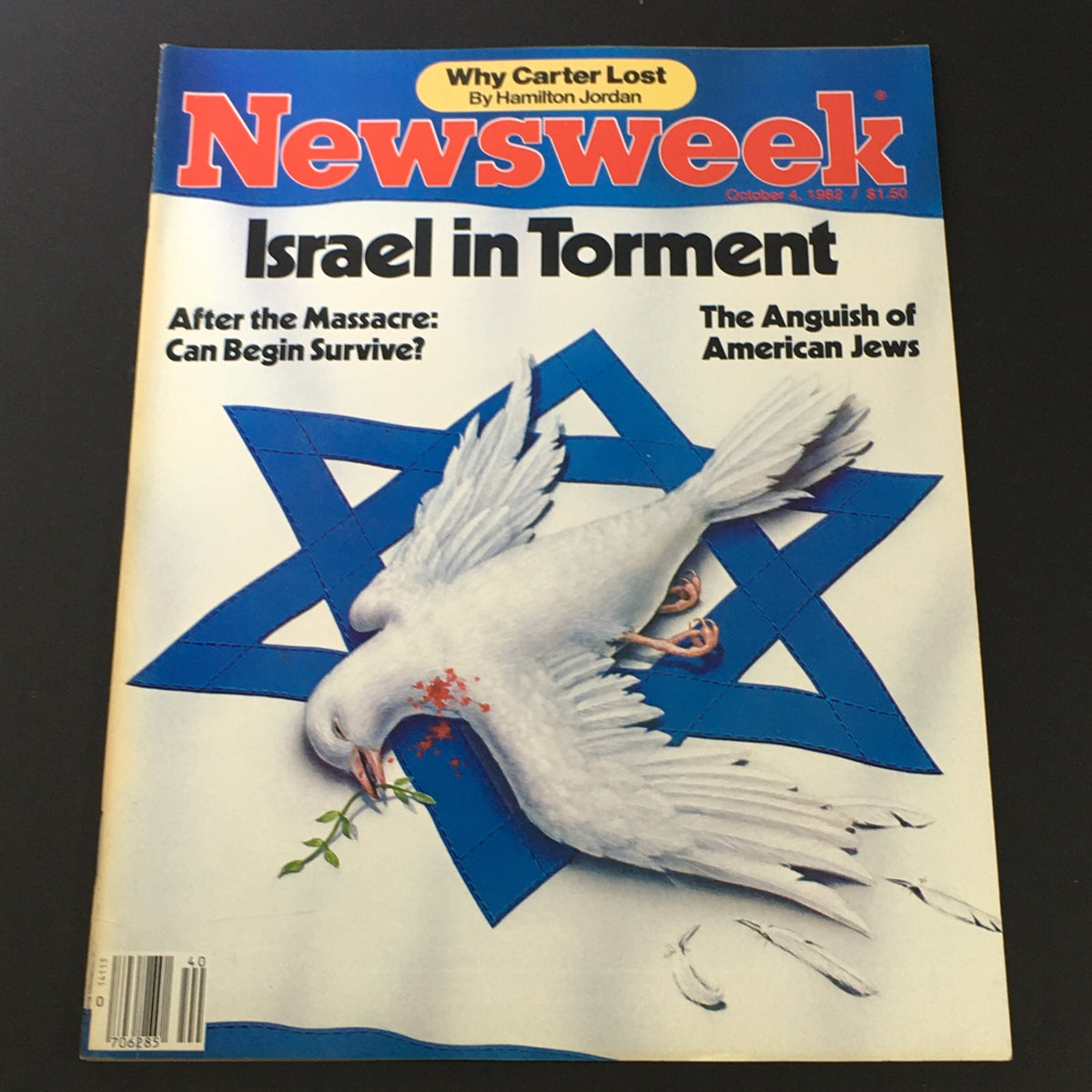 VTG Newsweek Magazine October 4 1982 cover featuring the title 'Israel in Torment', showing a dove with an olive branch over a blue star of David, symbolizing peace in a turbulent time.