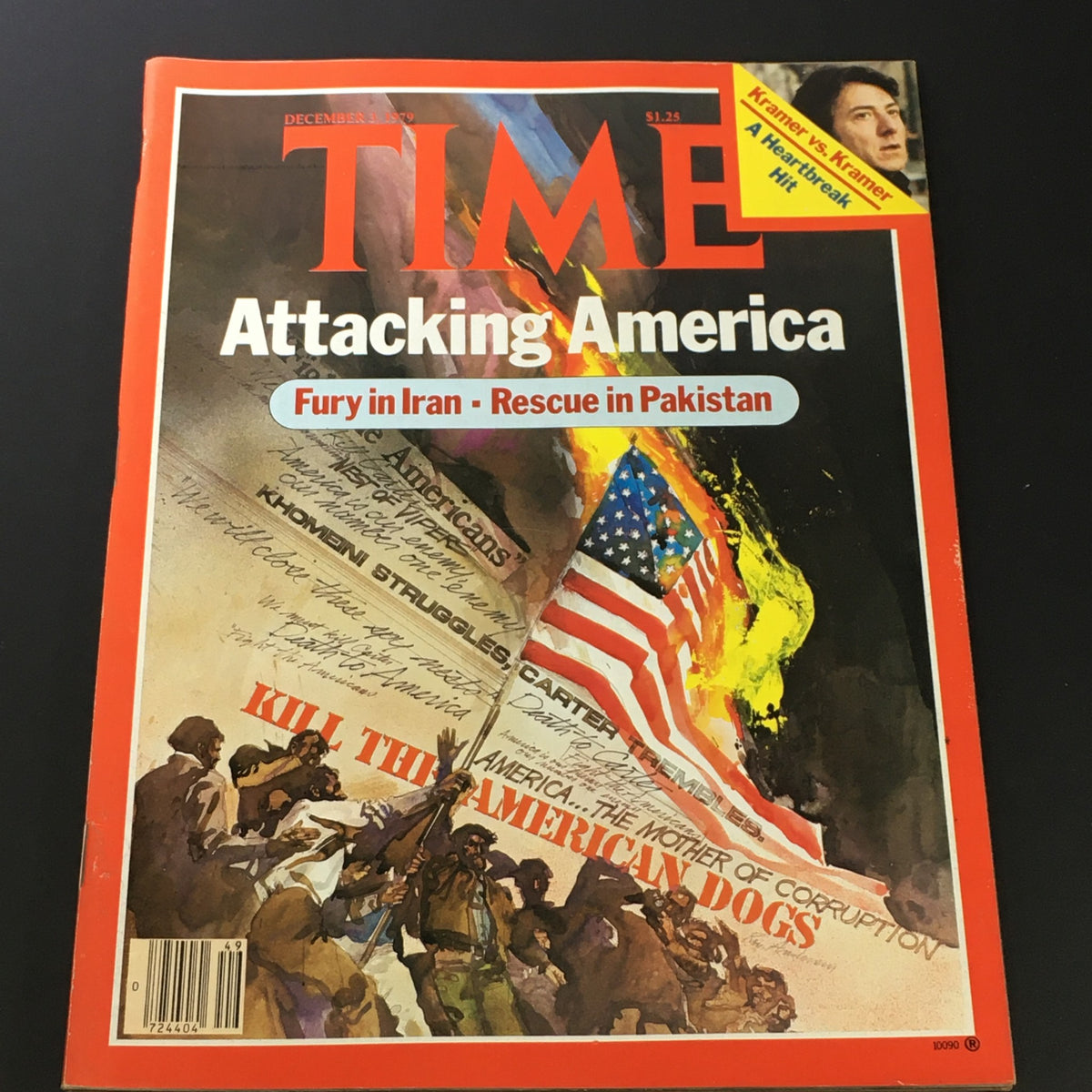 VTG Time Magazine December 3, 1979 cover featuring 'Fury in Iran – Rescue in Pakistan' with dramatic artwork and American flag imagery.