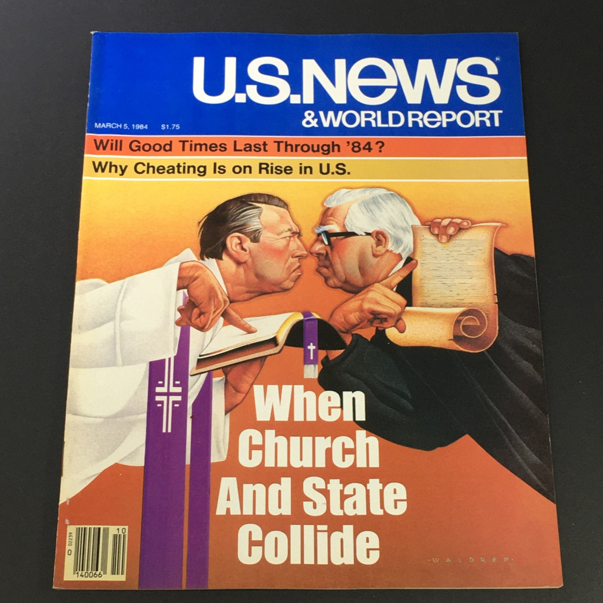 Cover of US News & World Report Magazine from March 5, 1984, featuring the title 'When Church & State Collide,' illustrating a confrontation between a religious figure and a government official.