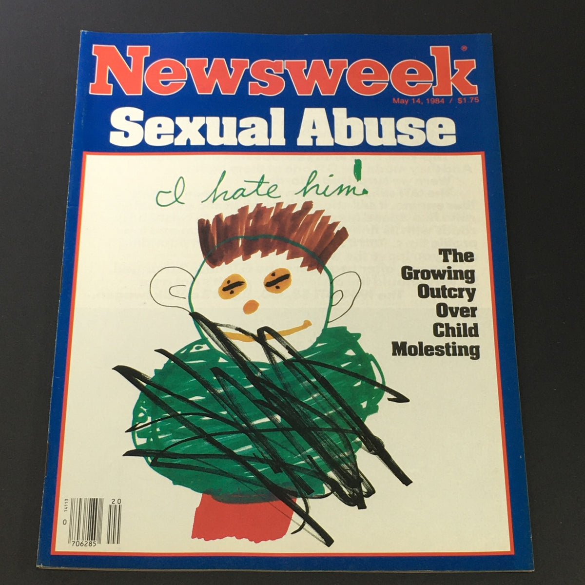 Cover of VTG Newsweek Magazine from May 14, 1984, titled 'The Growing Outcry Over Child Molesting', featuring a child’s drawing and handwritten text expressing emotions related to the topic of sexual abuse.