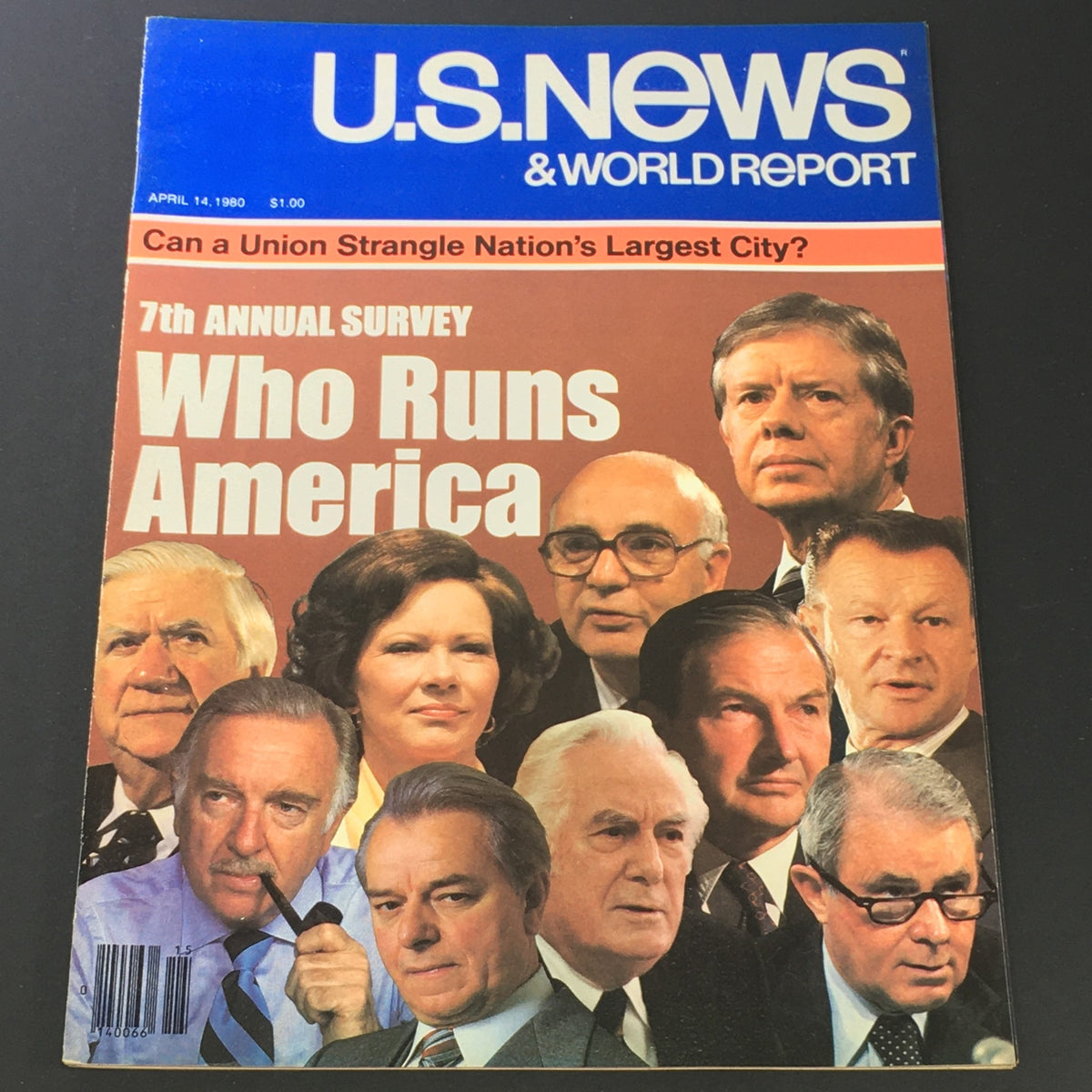 Cover of the VTG US News & World Report Magazine dated April 14, 1980, featuring the title '7th Annual Survey: Who Runs America?' along with images of prominent political figures from the era.