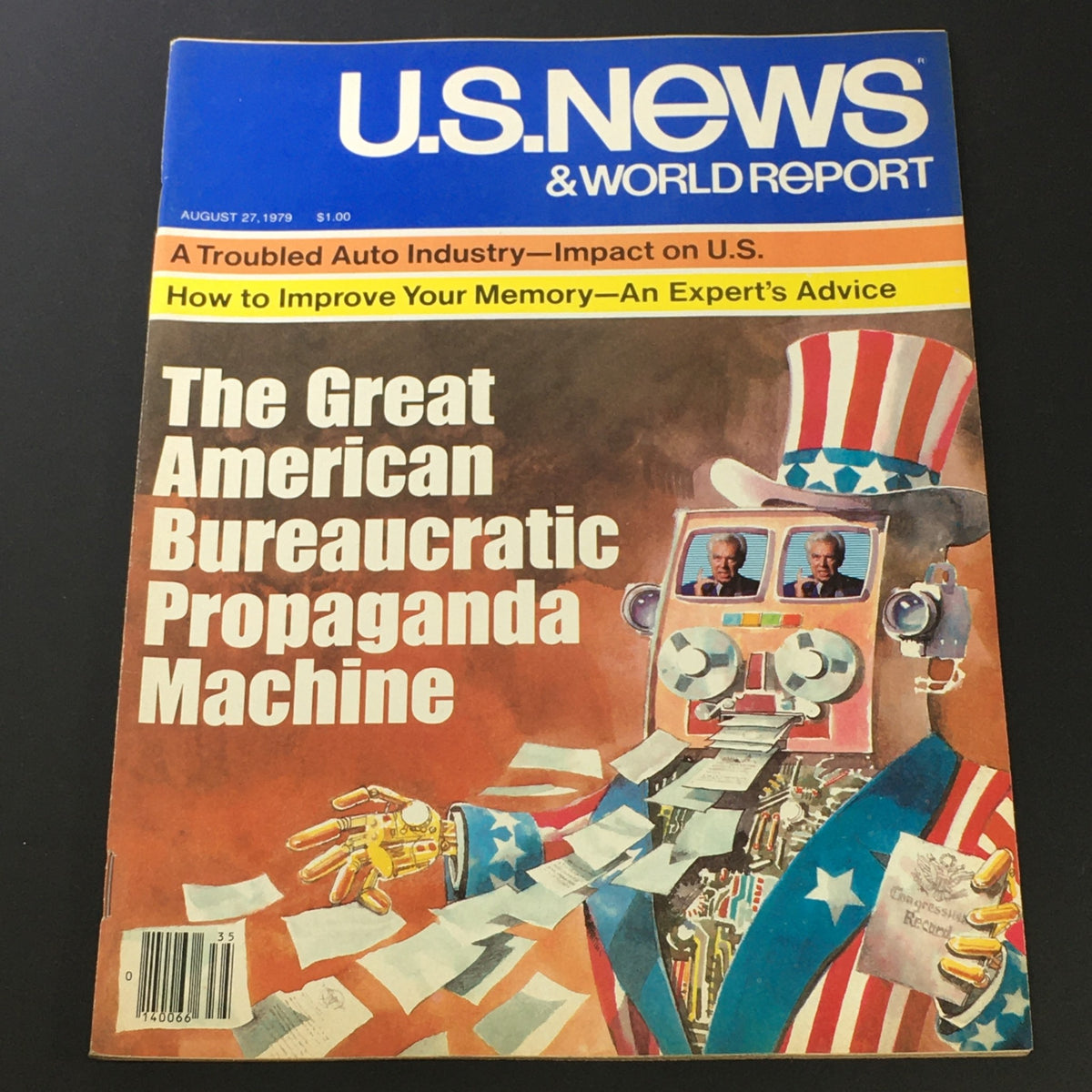 US News & World Report Magazine from August 27, 1979, featuring an article on the American bureaucratic system with a striking cover illustration depicting a robotic figure styled in American patriotic colors.