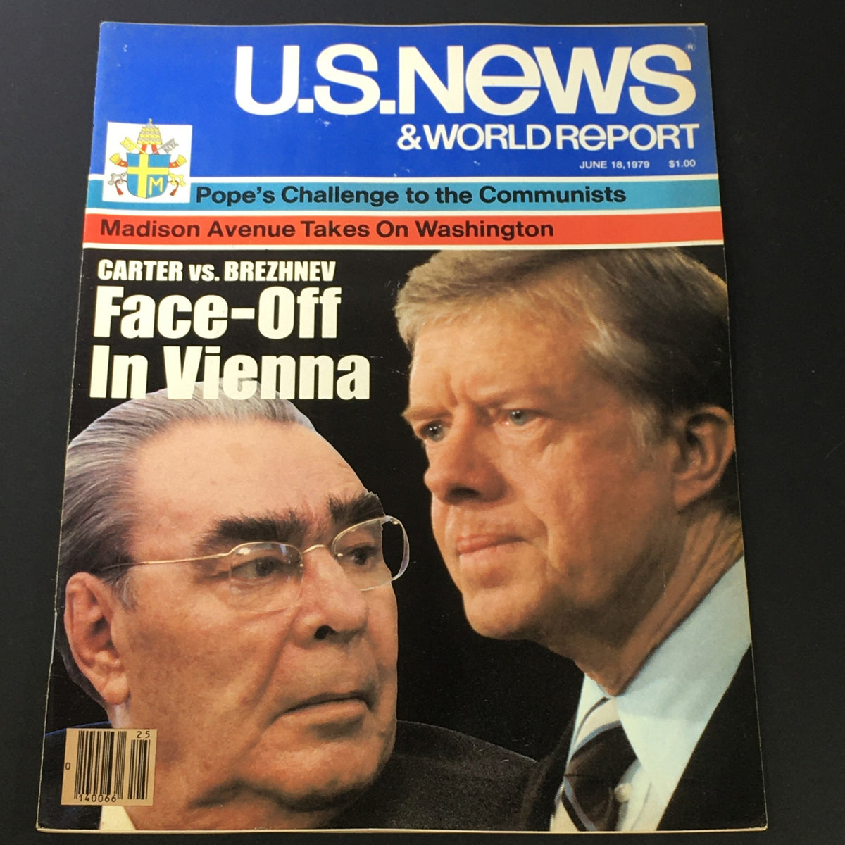 Vintage U.S. News & World Report Magazine from June 18, 1979, featuring a cover story 'Face-Off in Vienna' with portraits of Jimmy Carter and Leonid Brezhnev, reflecting Cold War dynamics.