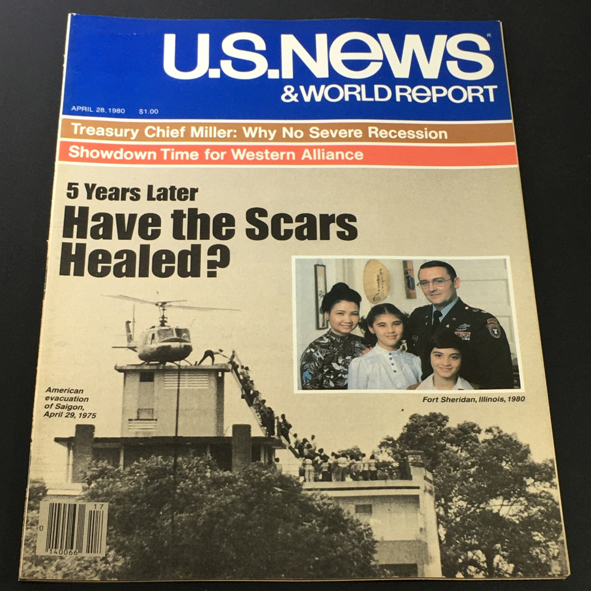 Cover of the U.S. News & World Report magazine from April 28, 1980, featuring the title 'Have the Scars Healed?' The cover includes a helicopter image and a family photo, reflecting on themes of recovery in the post-Vietnam War era.