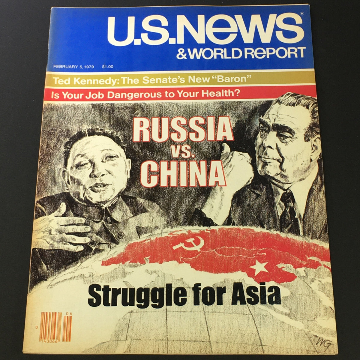Vintage US News & World Report Magazine from February 5, 1979 featuring the cover story "Russia vs China" along with an illustration of political figures representing the geopolitical struggle in Asia.