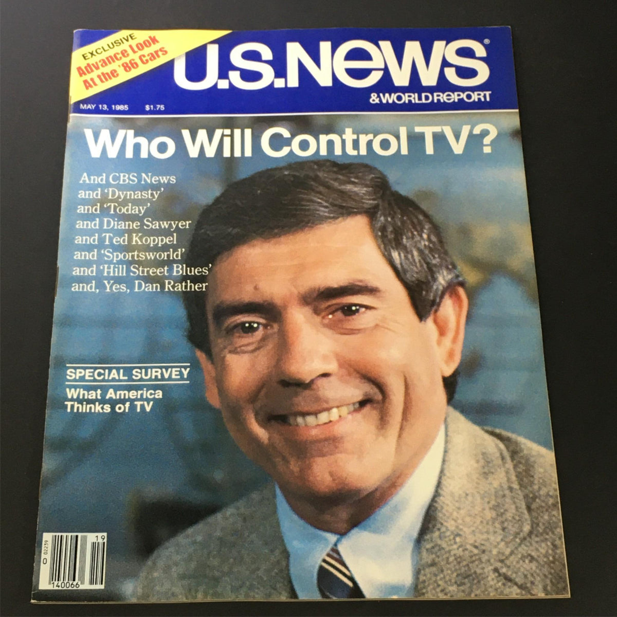 Cover of US News & World Report Magazine, May 13, 1985, featuring a smiling man in a suit with the headline 'Who Will Control TV?' This vintage magazine includes influential figures in media history such as Dianne Sawyer and Ted Koppel.