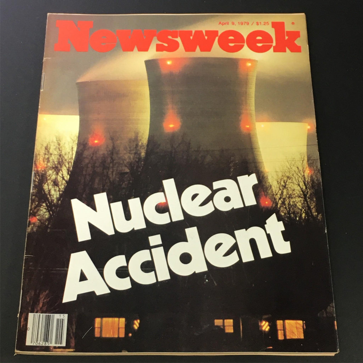 VTG Newsweek Magazine April 9 1979 cover featuring the headline 'Nuclear Accident' with an image of cooling towers and moody lighting, reflecting the era's concerns about nuclear energy.