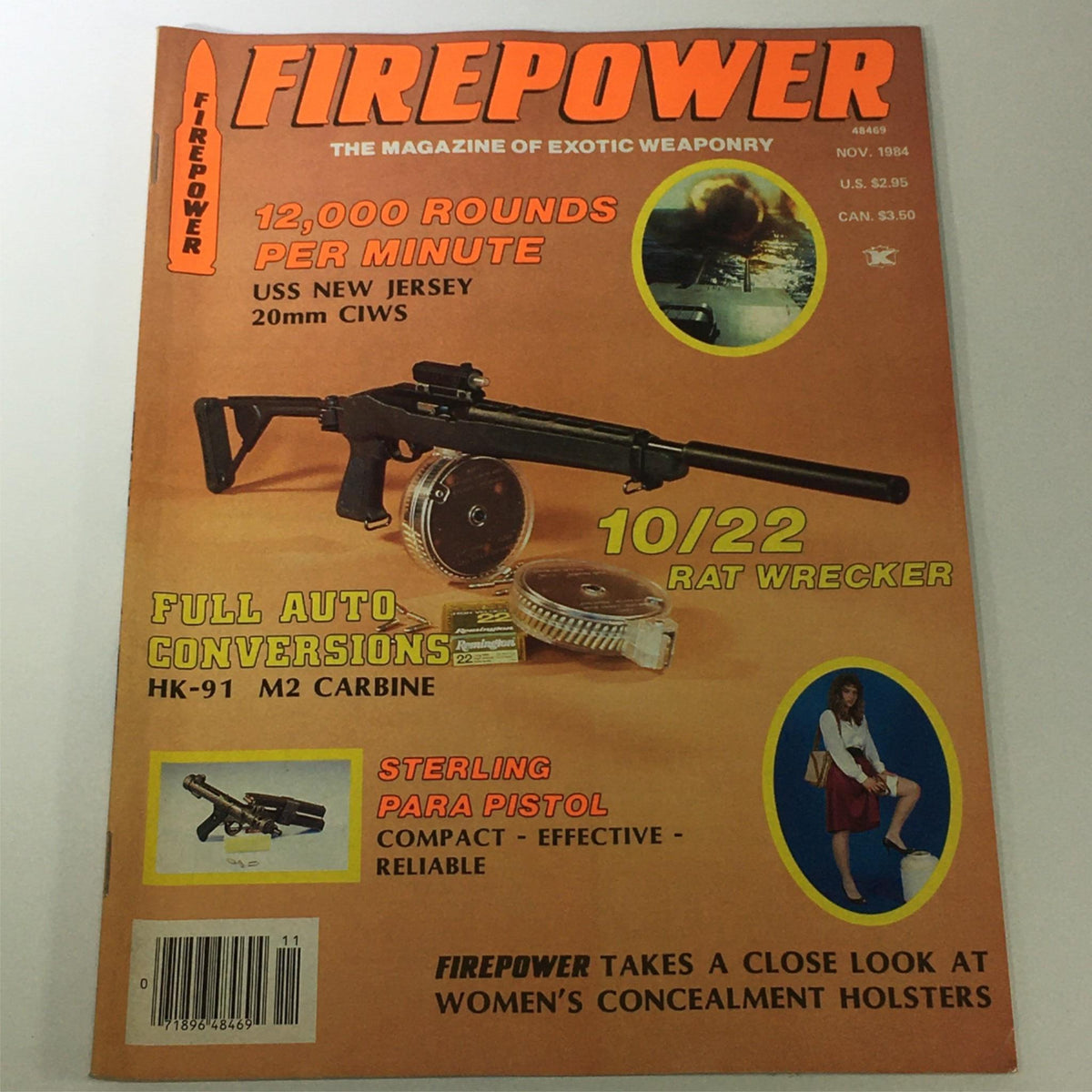 Cover of VTG Firepower Weaponry Magazine November 1984 featuring a Sterling Para Pistol. The magazine showcases articles on exotic weaponry, with prominent text highlighting '12,000 Rounds Per Minute' and 'Full Auto Conversions'. The vibrant orange design enhances collectibility for firearm enthusiasts.