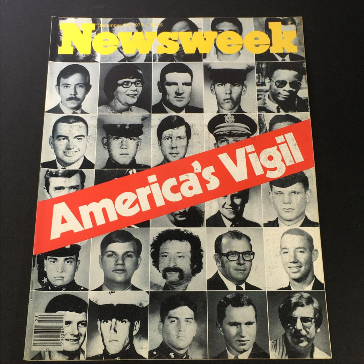 Cover of VTG Newsweek Magazine December 31 1979 featuring the title 'America's Vigil' and a collage of faces representing American citizens, reflecting on the social climate of the era.