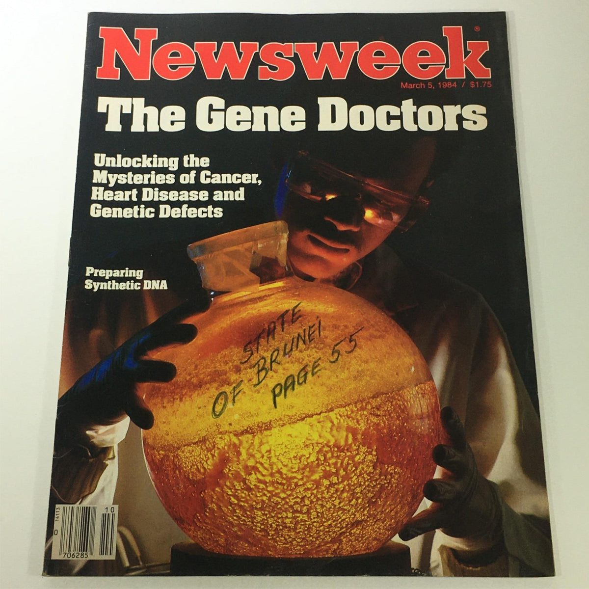 Cover of VTG Newsweek Magazine March 5 1984 featuring 'The Gene Doctors' with an image of a scientist holding a flask symbolizing synthetic DNA advancements.