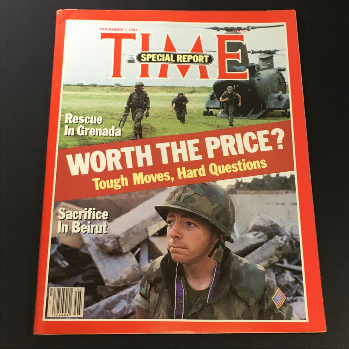 VTG Time Magazine from November 7, 1983, featuring the cover story 'Rescue in Grenada' and 'Sacrifice in Beirut' with soldiers and military helicopters.