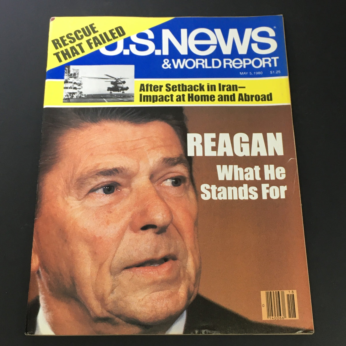 Cover of the VTG US News & World Report Magazine from May 5, 1980, featuring Ronald Reagan. The magazine highlights topics such as the Iran rescue failure and what Reagan stands for in politics, making it a valuable collectible.