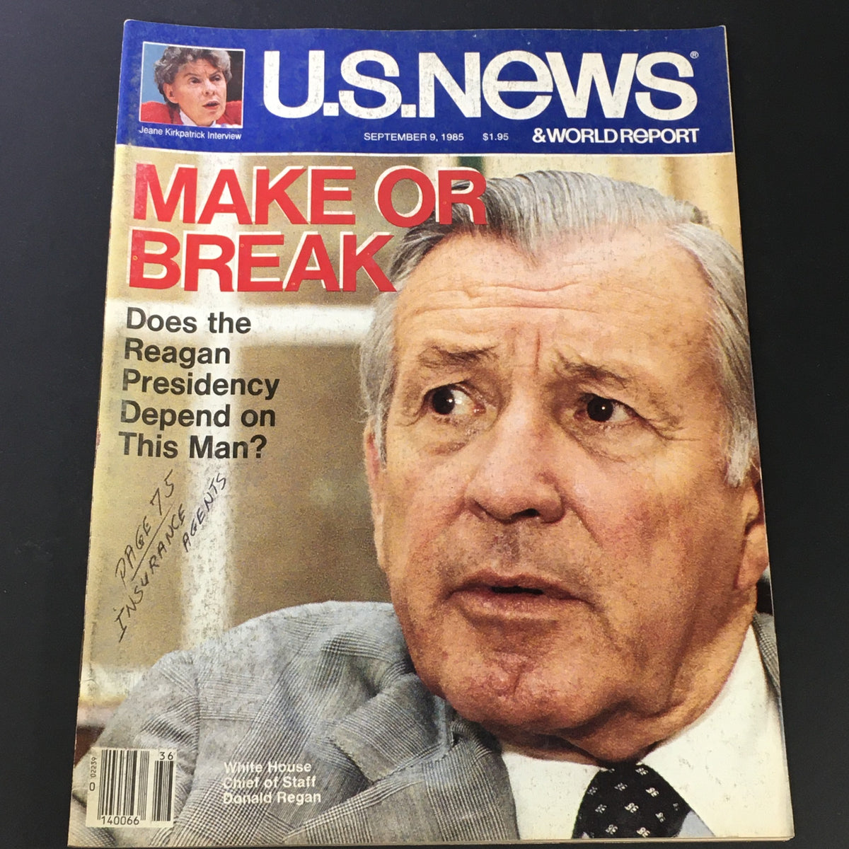 Cover of US News & World Report magazine from September 9, 1985, featuring Chief of Staff Donald Regan, with the headline 'MAKE OR BREAK: Does the Reagan Presidency Depend on This Man?' Highlights the political landscape of the 1980s.