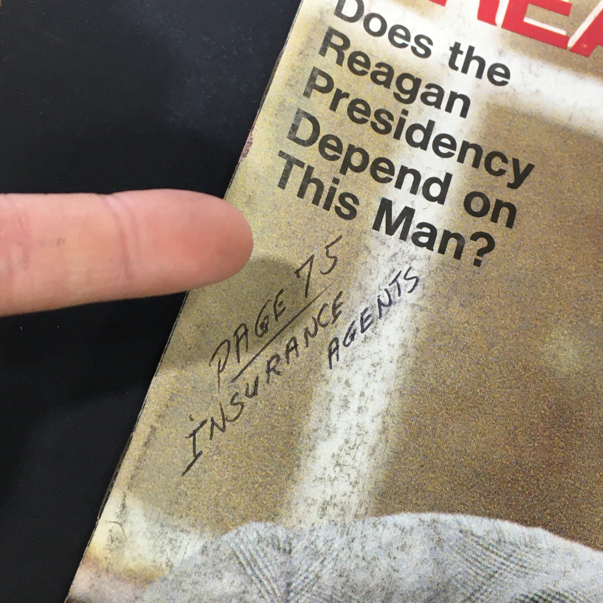 Close-up of the US News & World Report magazine from September 9, 1985, highlighting handwritten notes on page 75 related to insurance agents. This collectible features Chief Staff Donald Regan on the cover.