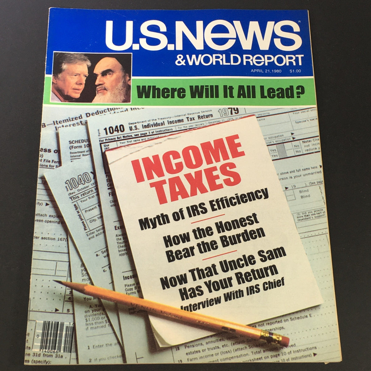 Cover image of VTG US News & World Report Magazine from April 21, 1980, featuring Jimmy Carter and a focus on Income Taxes with articles on IRS efficiency.