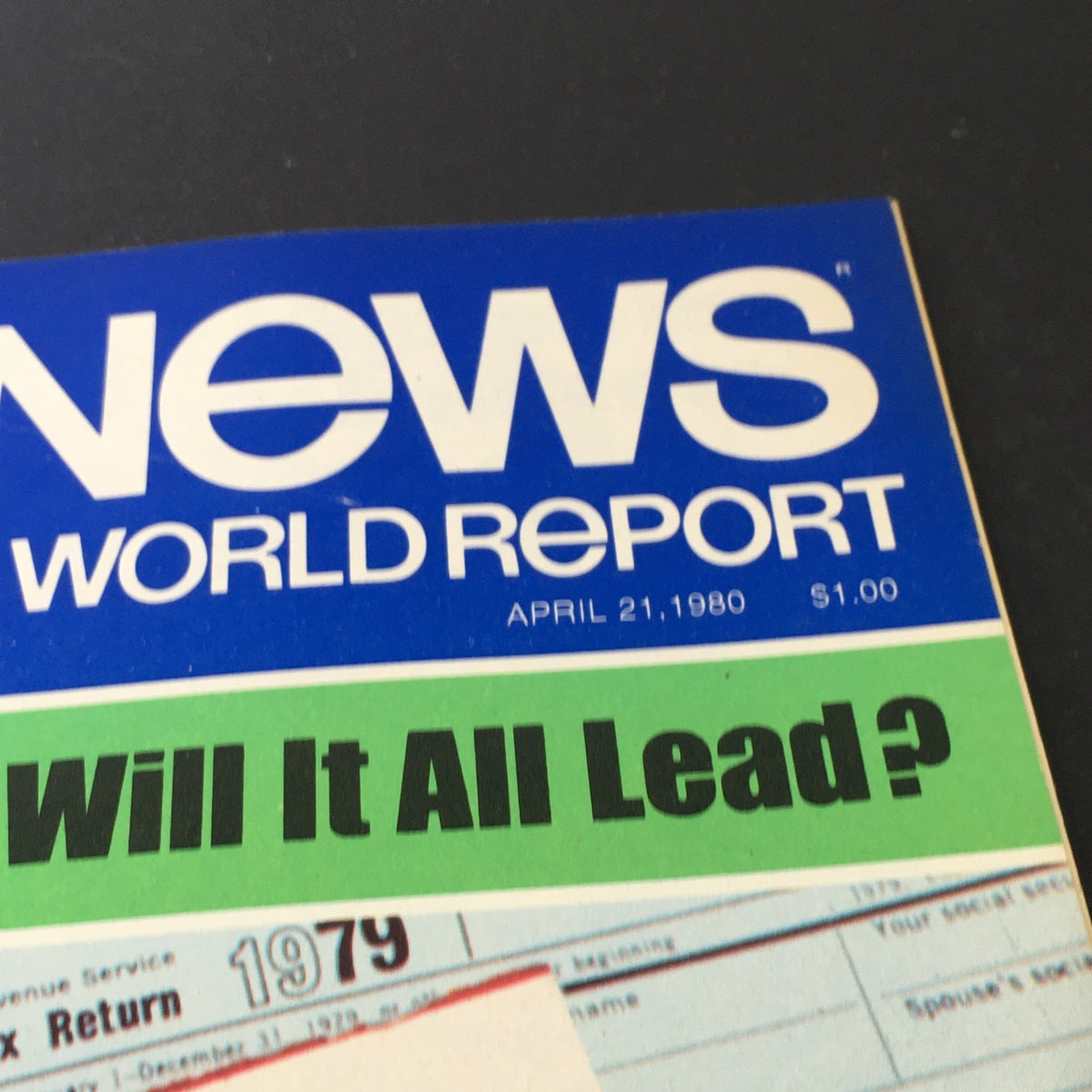 Close-up of the VTG US News & World Report Magazine cover from April 21, 1980, highlighting the title 'Where Will It All Lead?' and the theme of Income Taxes.