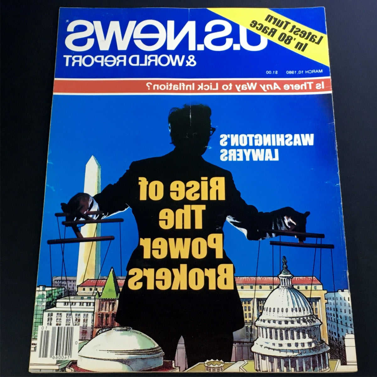 Vintage US News & World Report magazine cover from March 10, 1980, featuring the article "Rise of The Power Brokers," showcasing an illustration of a silhouetted figure manipulating marionettes in front of Washington D.C. landmarks.