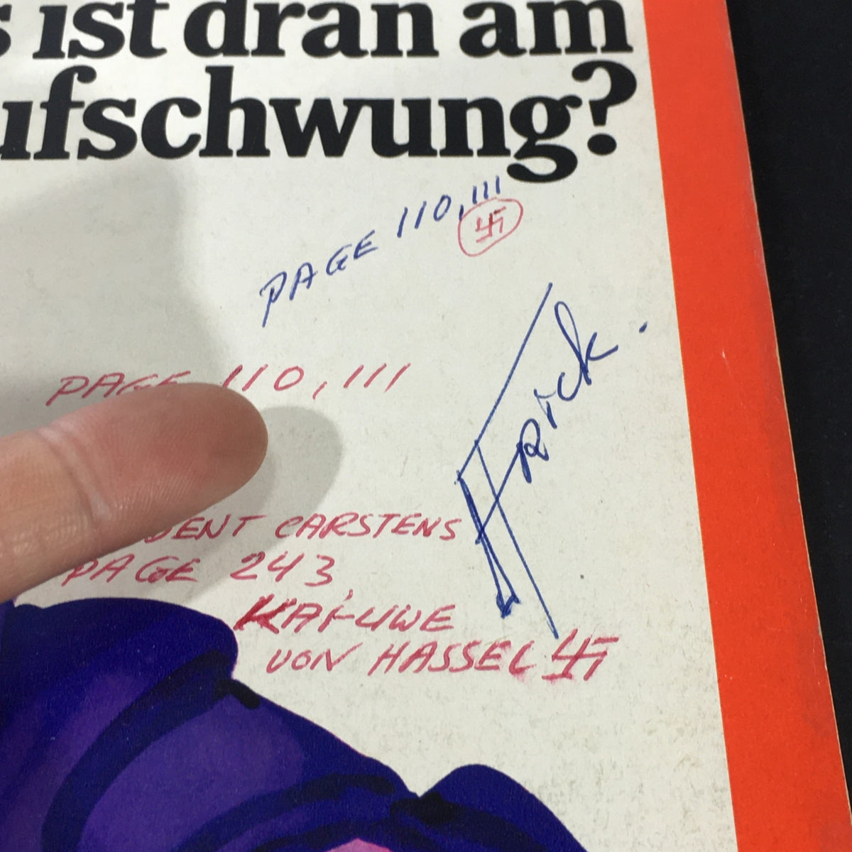 Detailed view of the cover of the VTG Der Spiegel Magazine March 21, 1983. The image shows hand-written annotations and the prominent question 'Was ist dran am Aufschwung?' highlighting the economic discussions of the time.