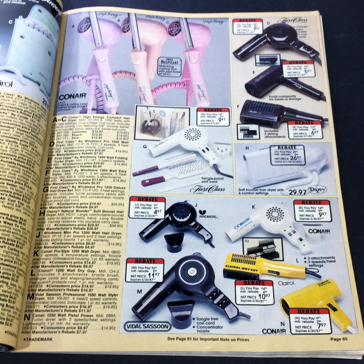 VTG Consumers Catalog Showroom 1987 Spring & Summer Supplement with a page displaying an assortment of hair dryers and styling tools.