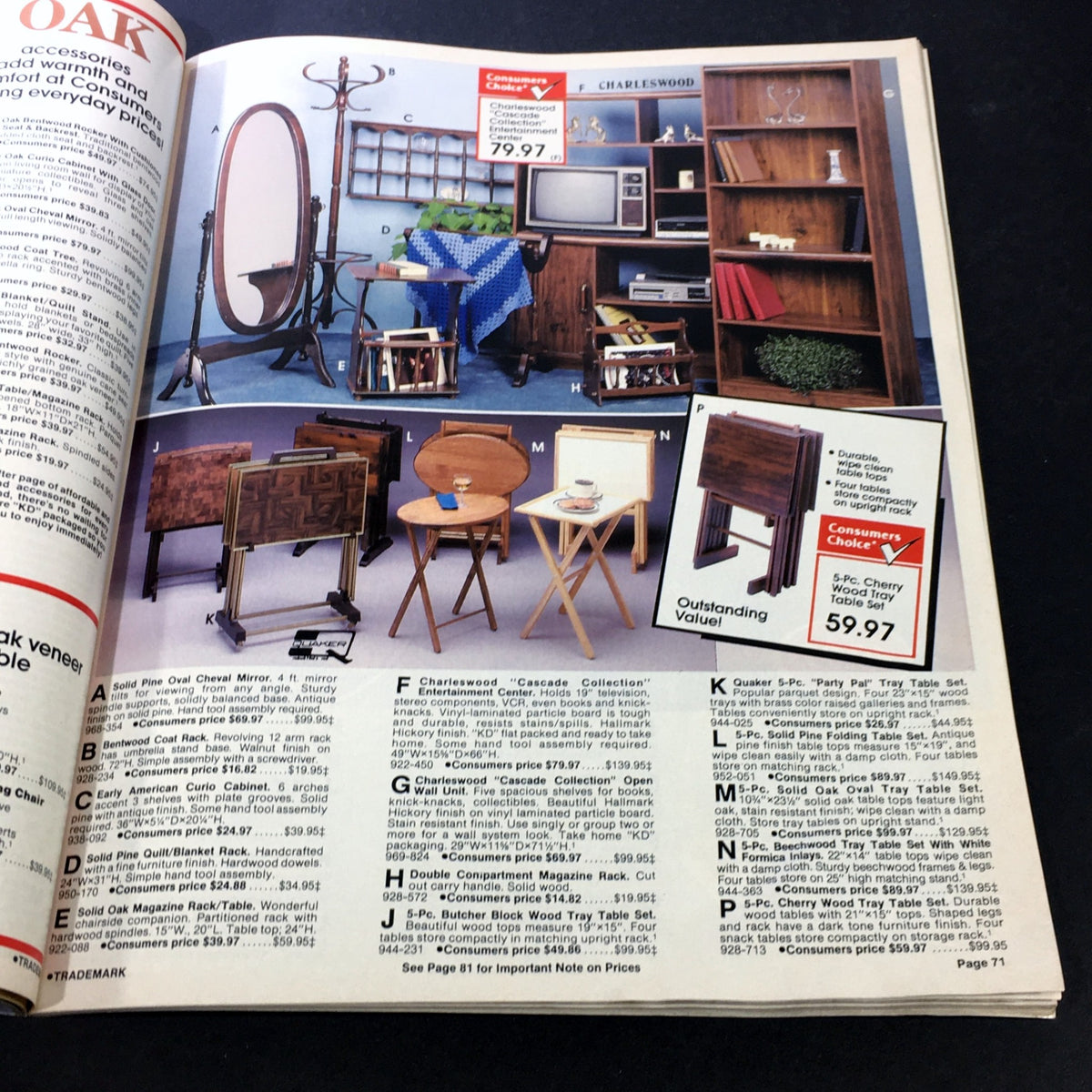Image of furniture showcased in VTG Consumers Catalog Showroom 1987 Spring & Summer Supplement, featuring various designs including chairs, tables, and shelves.