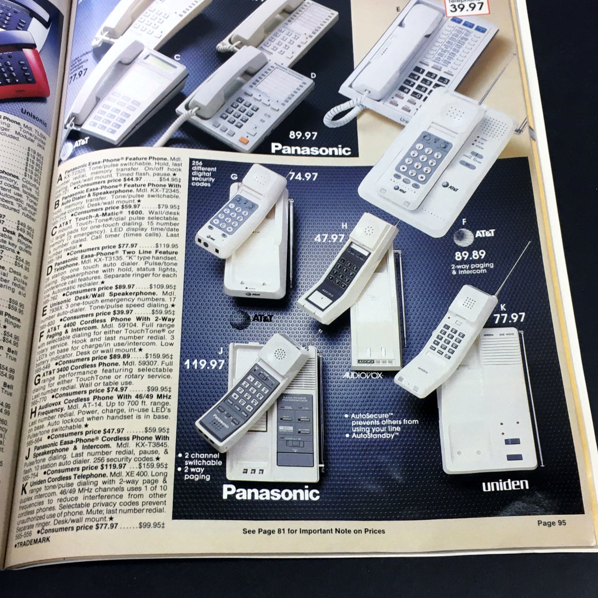 Image of telephones displayed in the VTG Consumers Catalog Showroom 1987 Spring & Summer Supplement, featuring various models and prices.