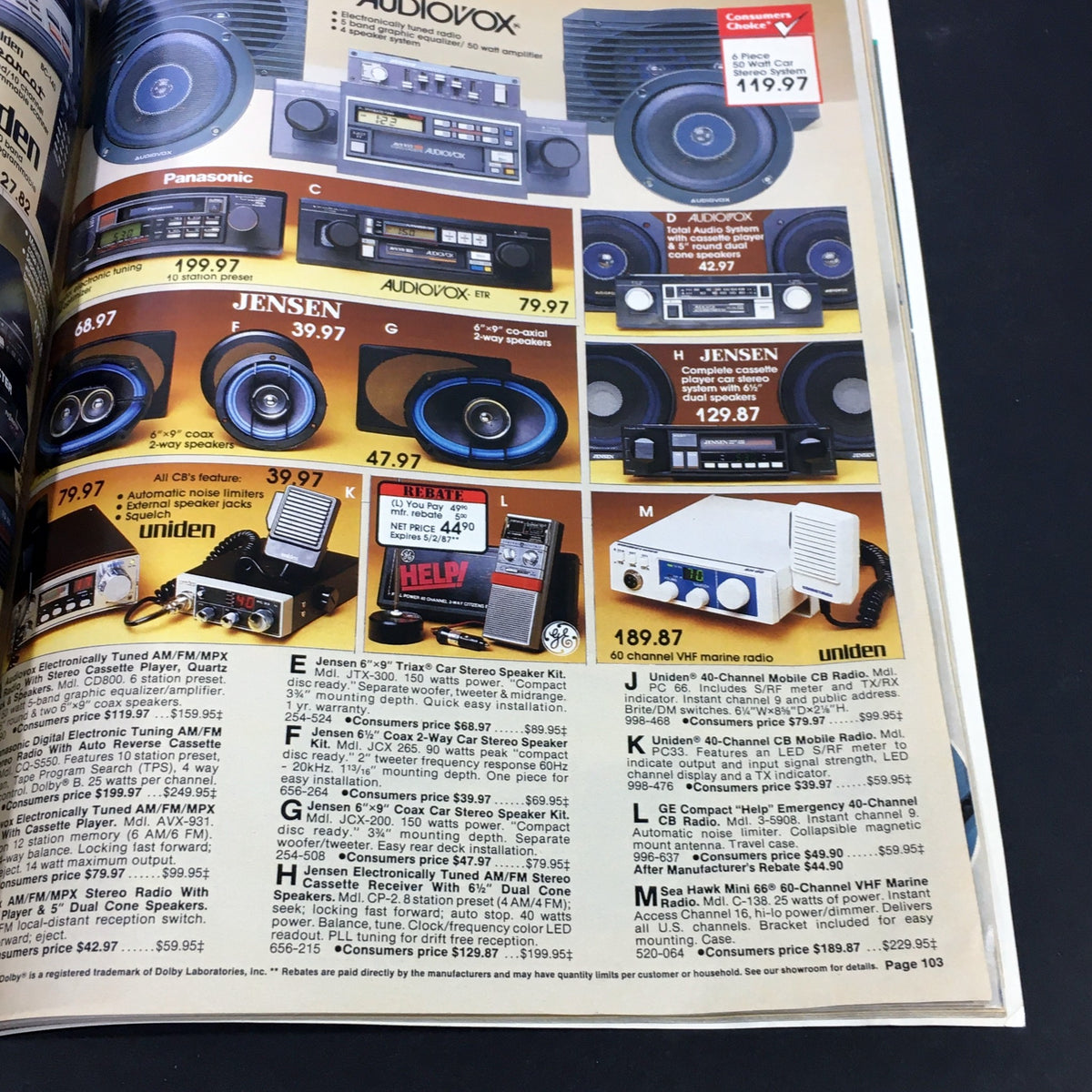 Image of audio equipment including stereos and speakers from the VTG Consumers Catalog Showroom 1987 Spring & Summer Supplement, showcasing tech gadgets for music lovers.