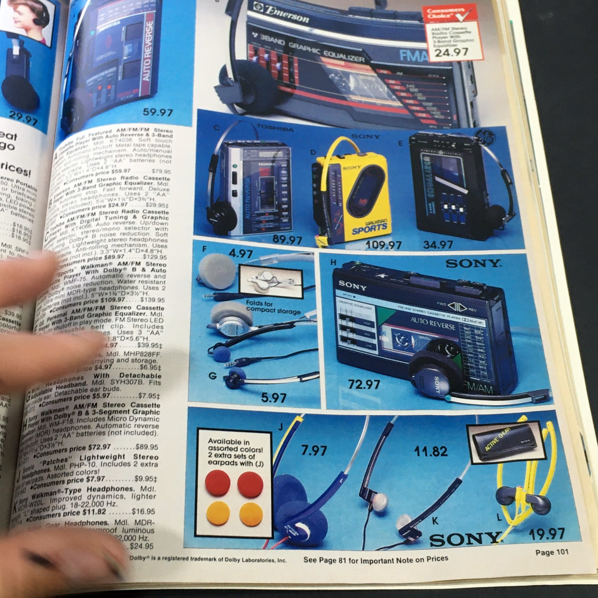 VTG Consumers Catalog Showroom 1987 Spring & Summer Supplement featuring various audio products, including a stereo equalizer, cassette players, and headphones, with pricing listed.