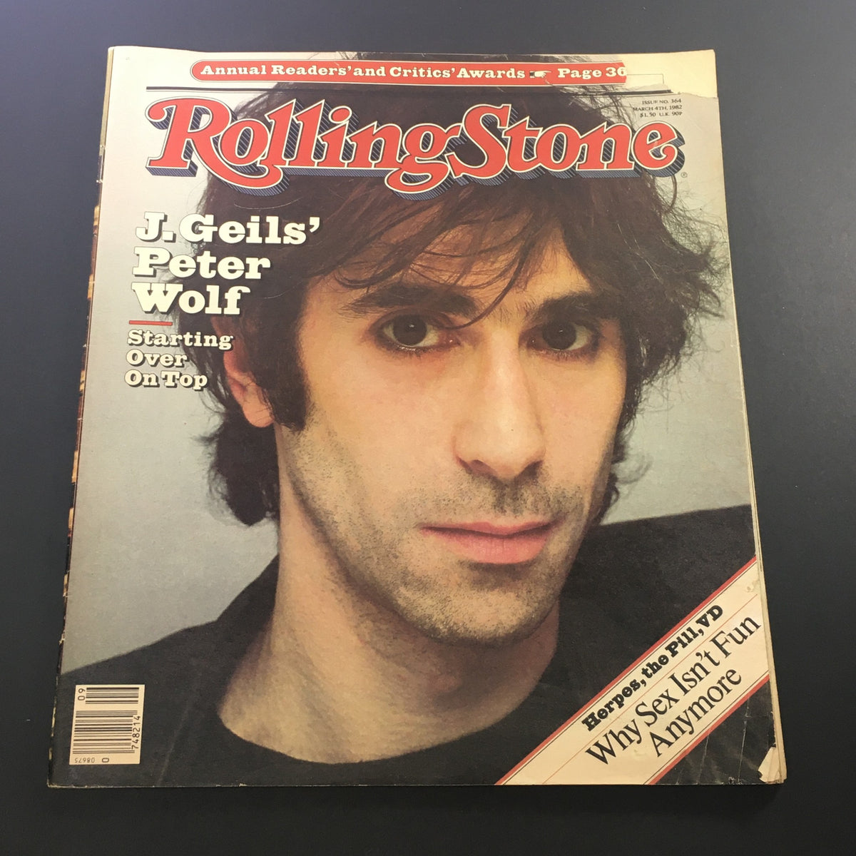 VTG Rolling Stone Magazine March 4 1982 featuring J. Geils Band frontman Peter Wolf on the cover, capturing the essence of early '80s rock music.