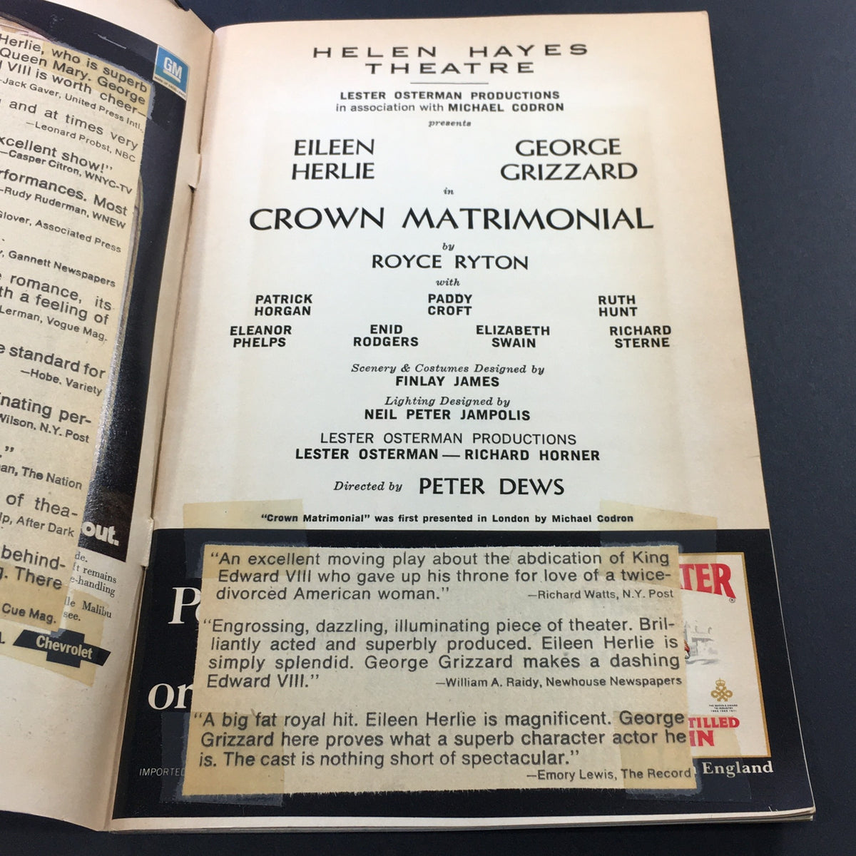 Another interior page of the VTG Playbill November 1973 for 'CROWN matrimonial', featuring cast and production details along with critical acclaim.