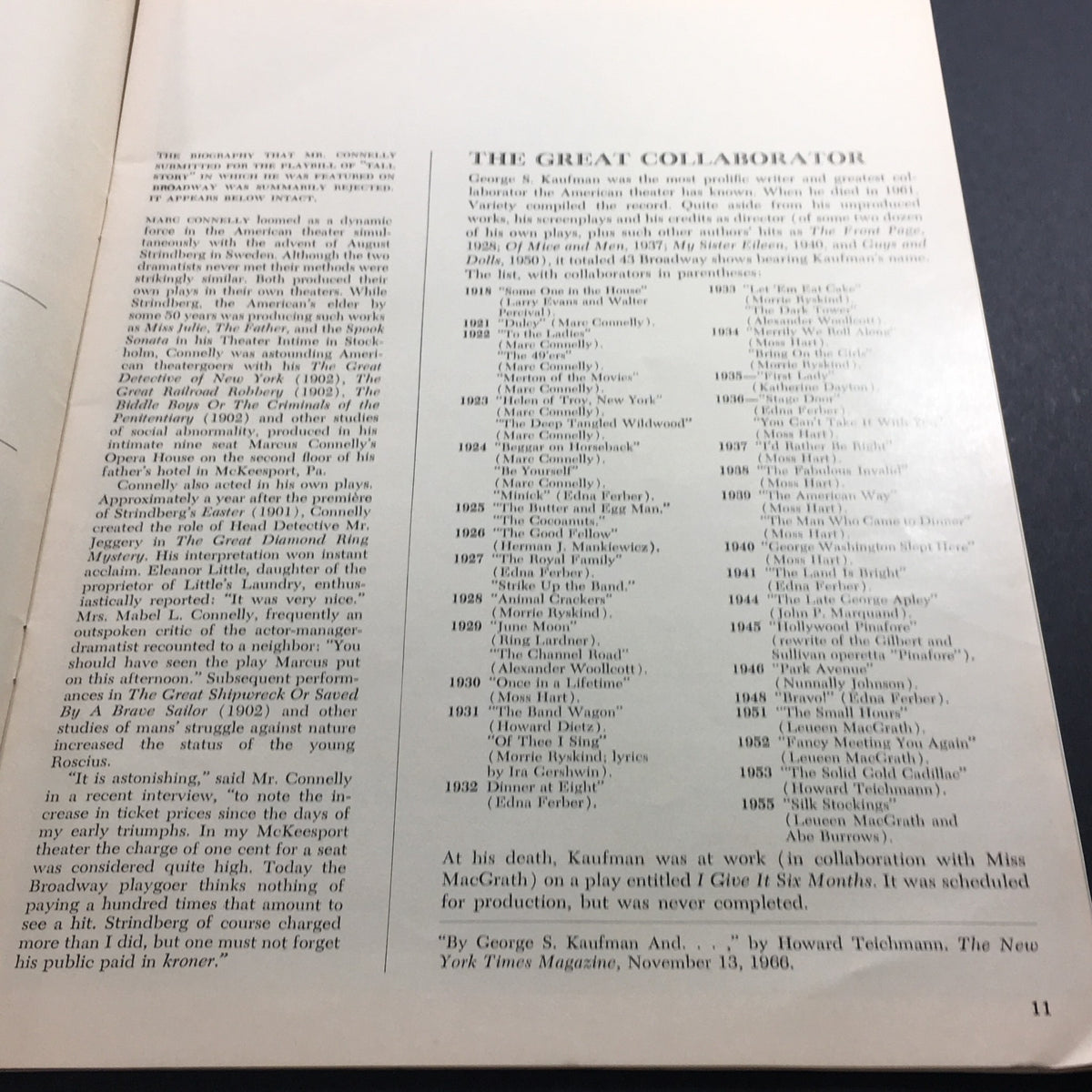 Inside page of the vintage 1969 Beggar on Horseback magazine by George S. Kaufman & Marc Connelly, detailing the biography of Marc Connelly and his contributions to American theater.