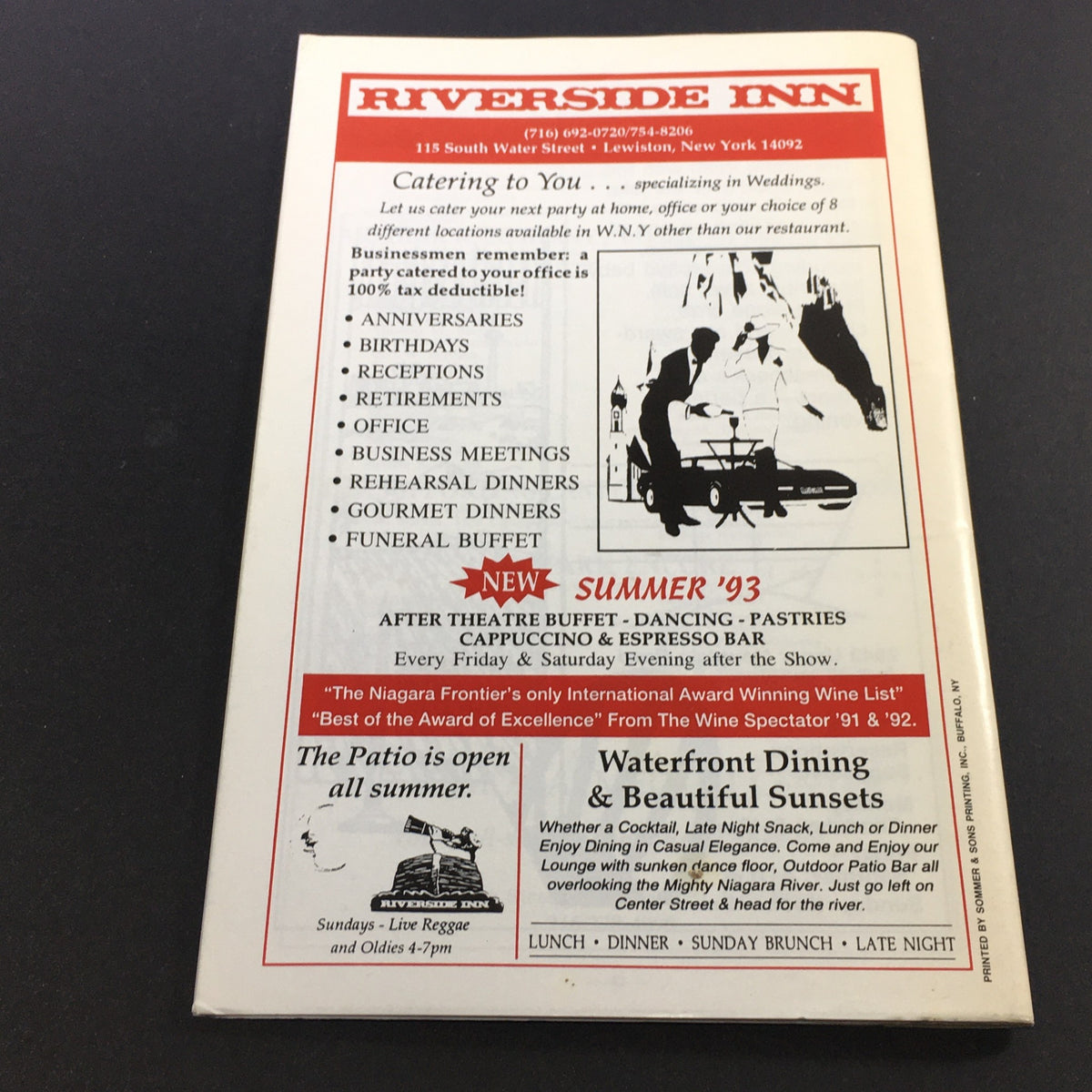 VTG Artpak Theater August 11-21 1993 - Anything Goes back cover featuring advertisement for Riverside Inn with details on catering and summer events.
