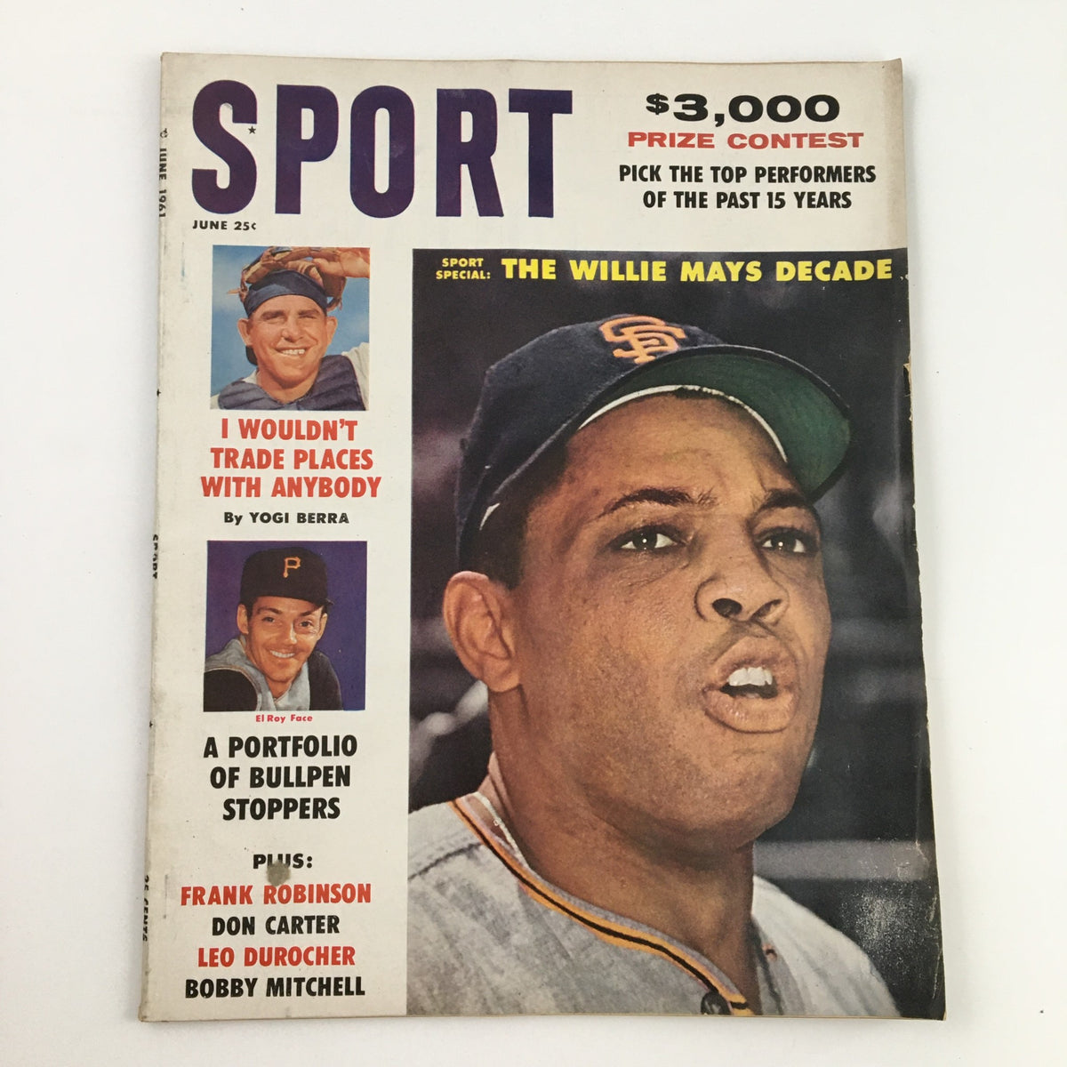 Cover of Sport Magazine June 1961 featuring Willie Mays, Yogi Berra, and El Roy Face. The layout includes the title 'SPORT', a $3,000 prize contest, and highlights of baseball history.